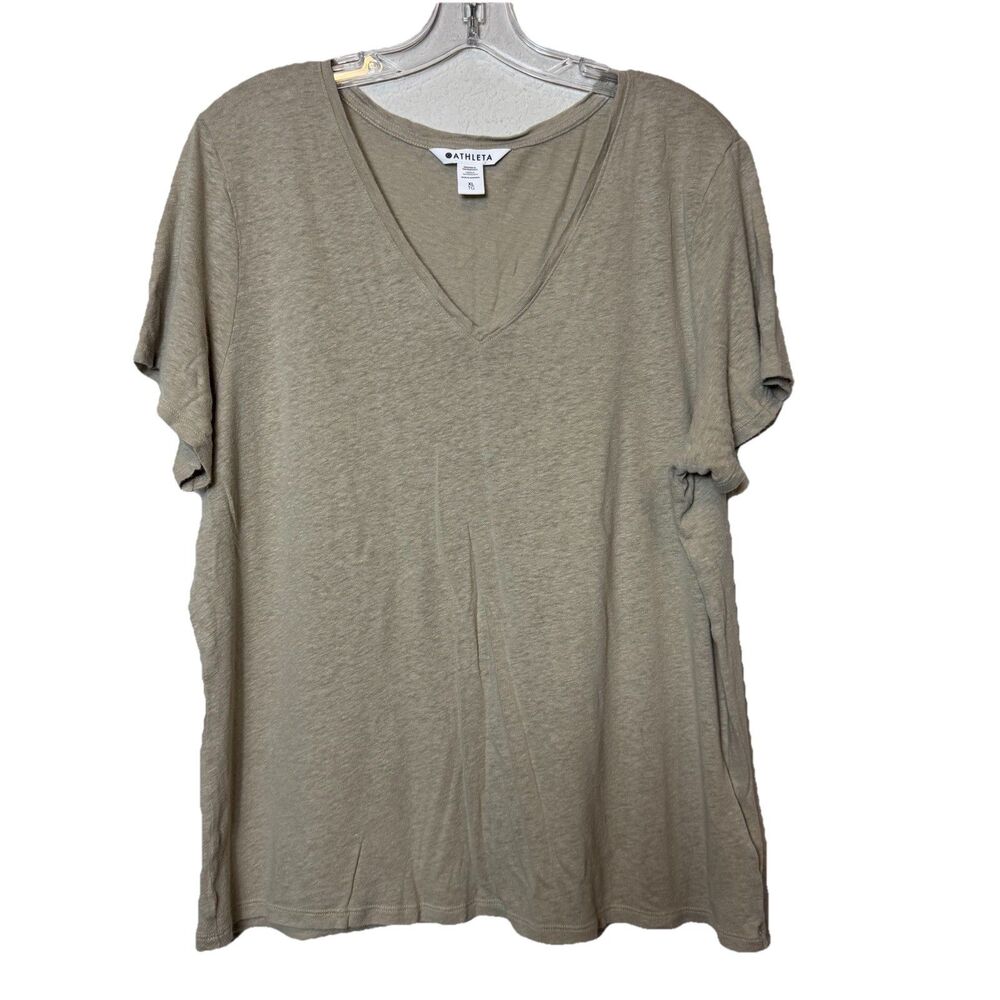 Athleta Linen Lyocell Blend V-Neck Short Sleeve T-Shirt Beige Oatmeal Women’s XL